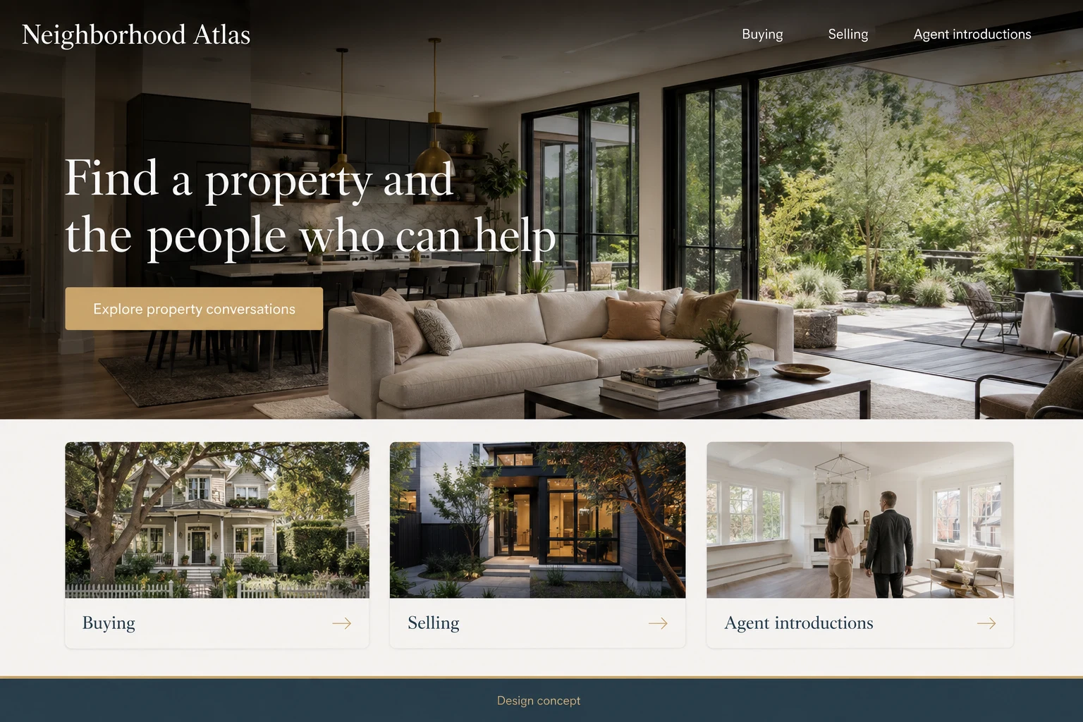 Real Estate Brokerages website concept: Find a property and the people who can help; call to action: Explore property conversations