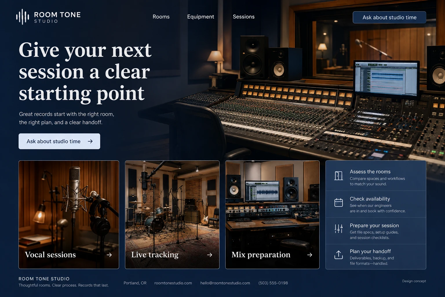Recording Studio website concept: Give your next session a clear starting point; call to action: Ask about studio time