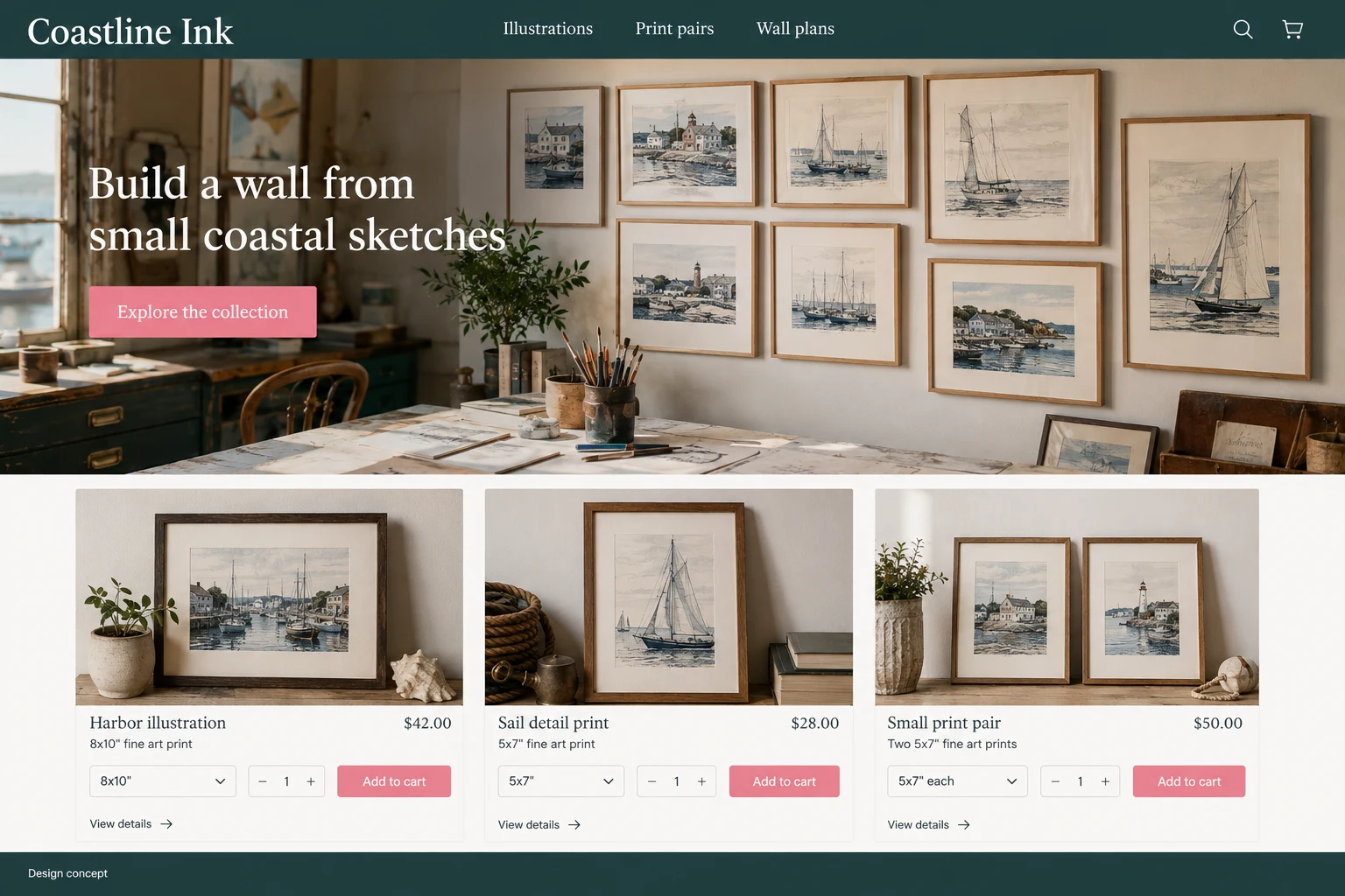 Rhode Island website concept: Build a wall from small coastal sketches; call to action: Explore the collection