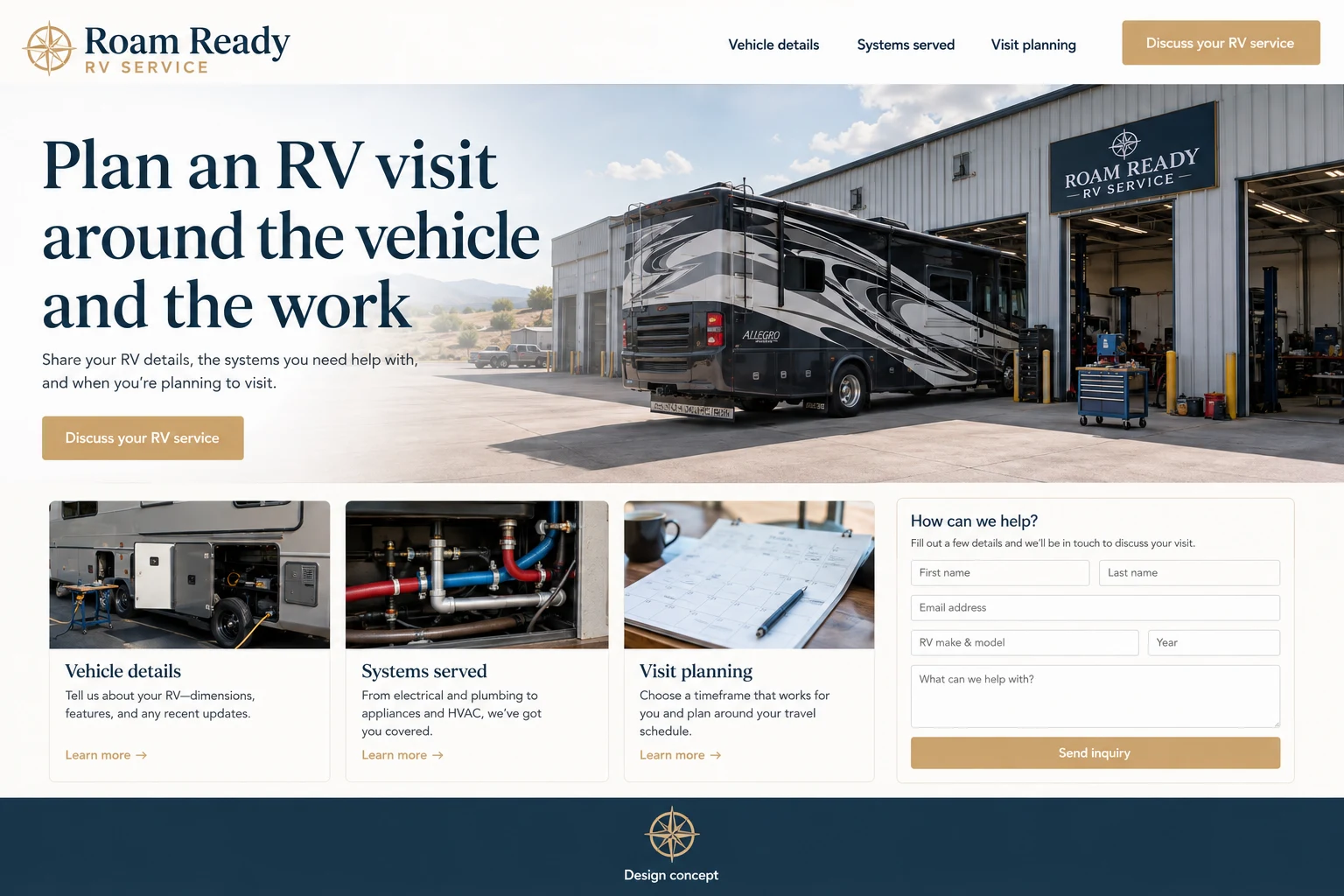 RV Repair website concept: Plan an RV visit around the vehicle and the work; call to action: Discuss your RV service