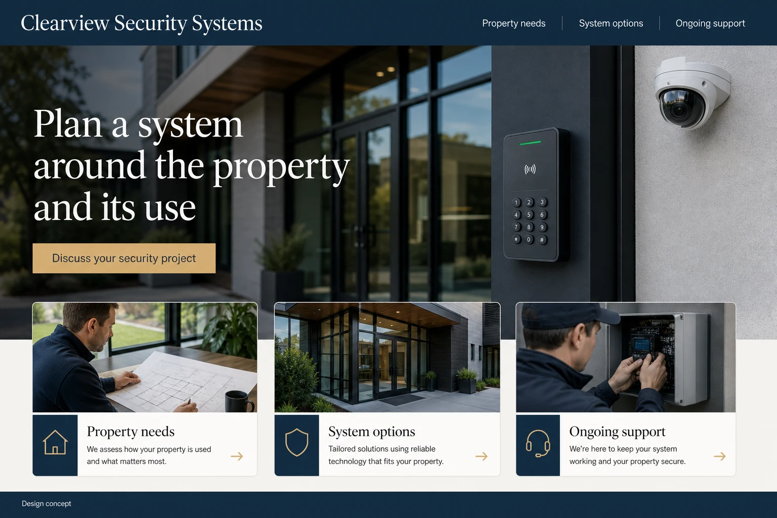 Security System Installers website concept: Plan a system around the property and its use; call to action: Discuss your security project
