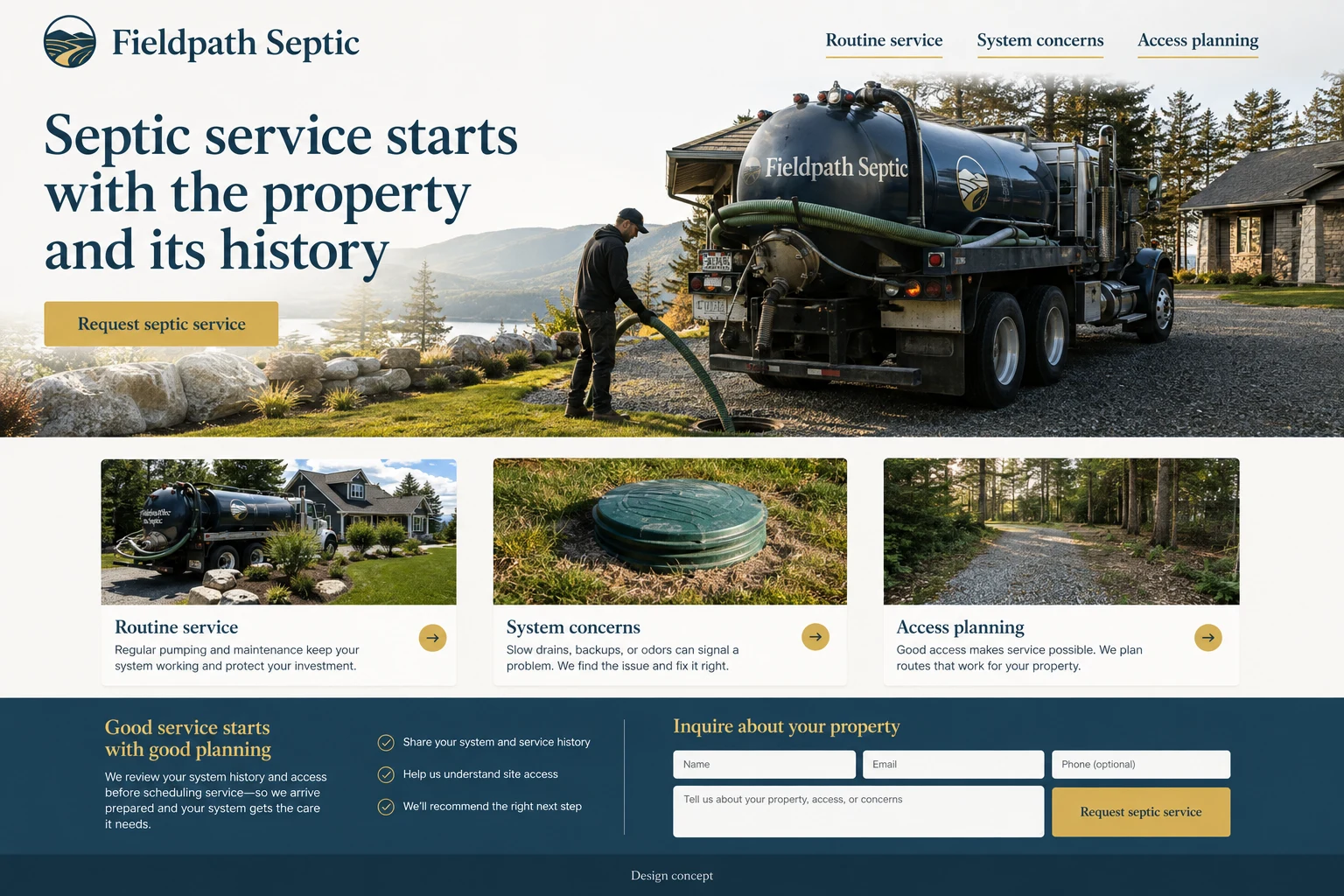 Septic Services website concept: Septic service starts with the property and its history; call to action: Request septic service