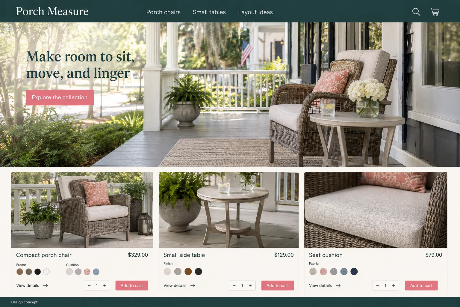 South Carolina website concept: Make room to sit, move, and linger; call to action: Explore the collection