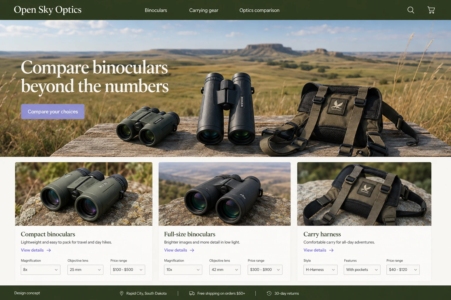 South Dakota website concept: Compare binoculars beyond the numbers; call to action: Compare your choices