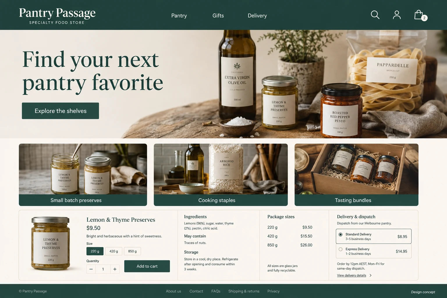 Specialty Food Store website concept: Find your next pantry favorite; call to action: Explore the shelves