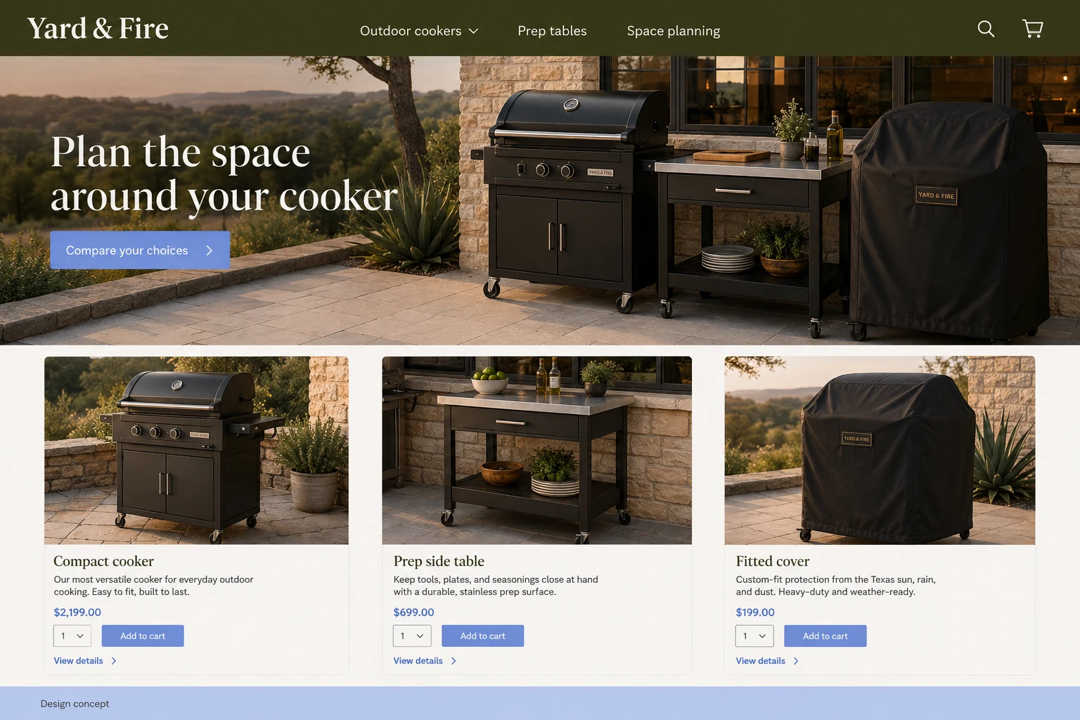 Texas website concept: Plan the space around your cooker; call to action: Compare your choices