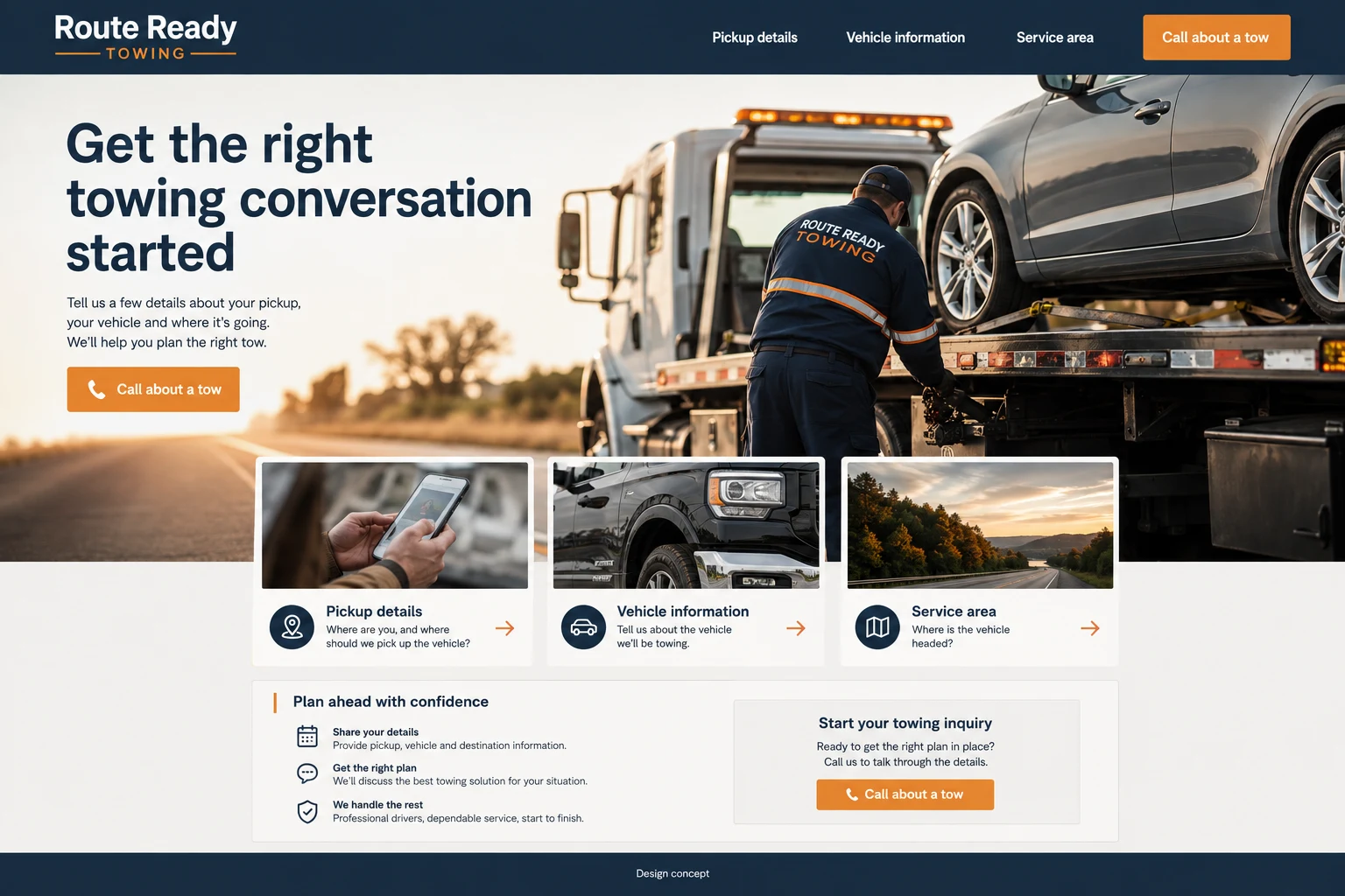 Towing Services website concept: Get the right towing conversation started; call to action: Call about a tow