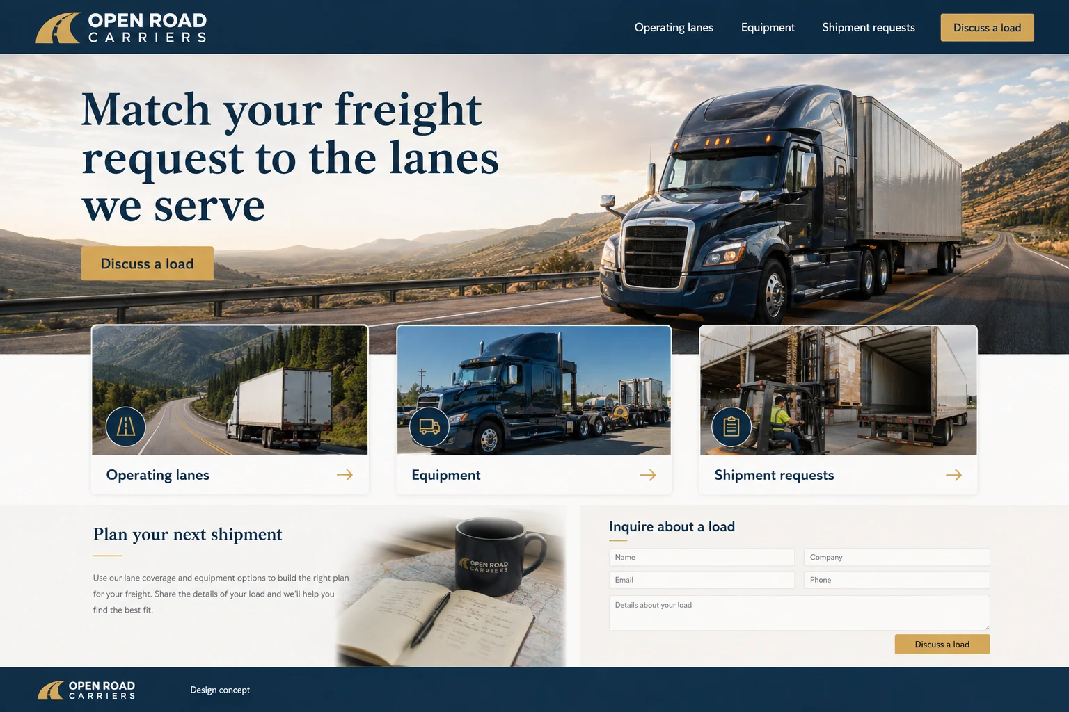 Trucking Companies website concept: Match your freight request to the lanes we serve; call to action: Discuss a load