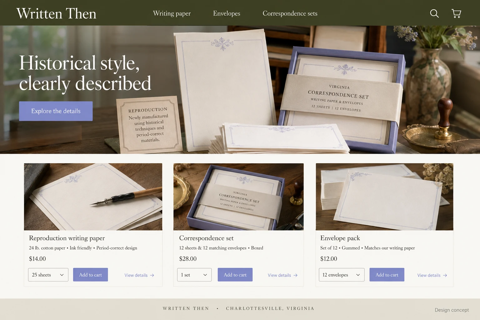 Virginia website concept: Historical style, clearly described; call to action: Explore the details