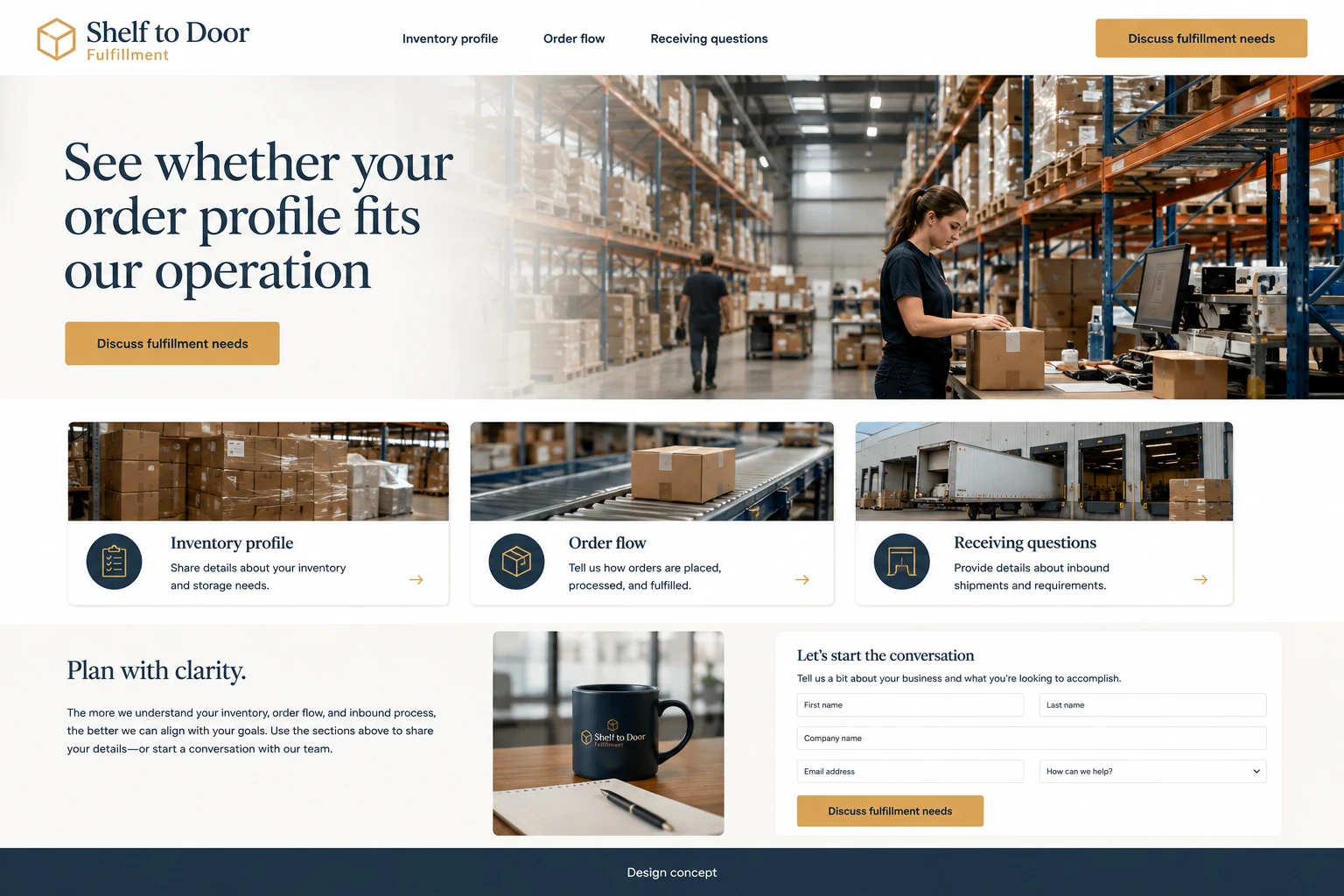 Warehousing and Fulfillment website concept: See whether your order profile fits our operation; call to action: Discuss fulfillment needs