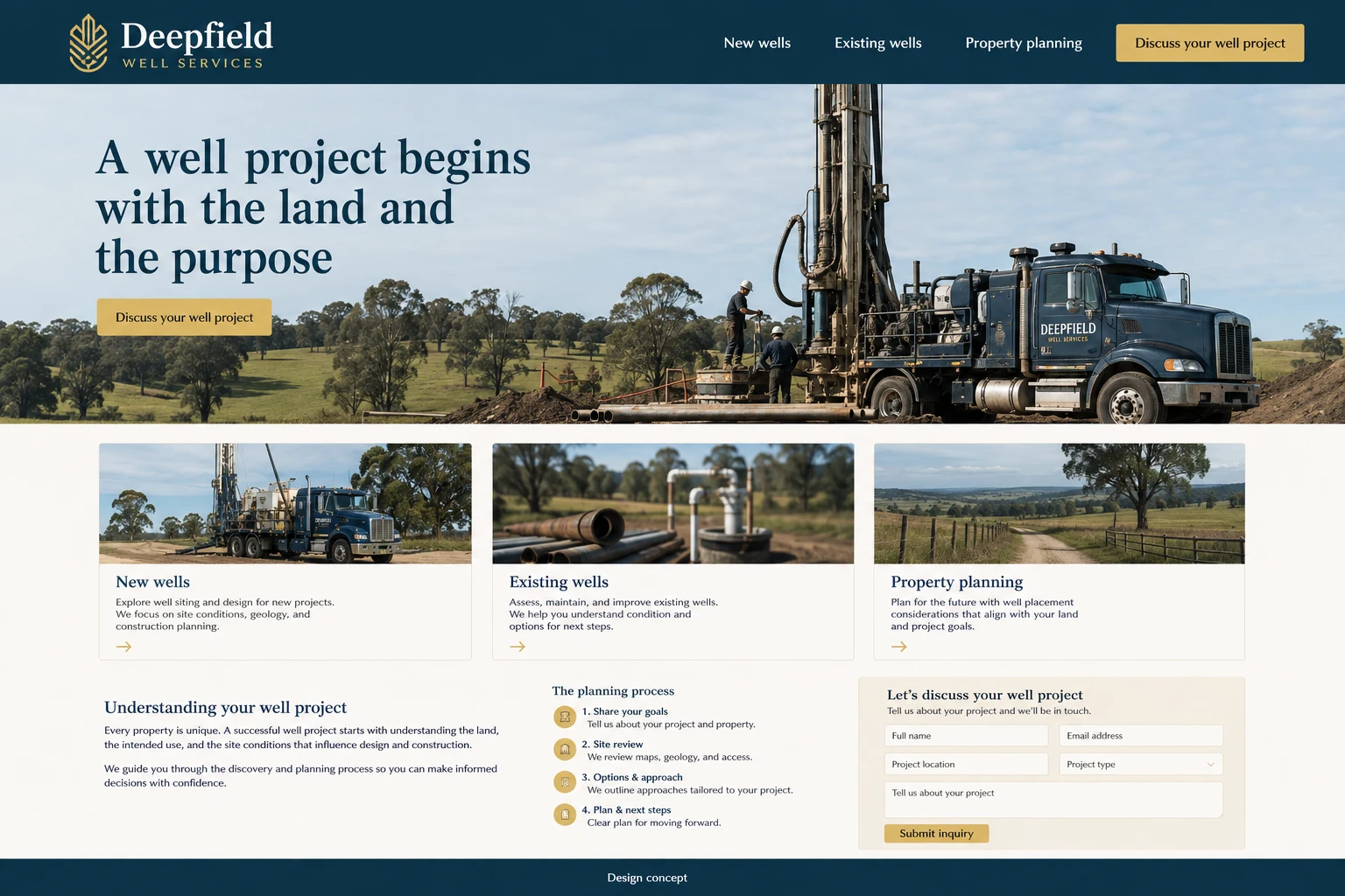 Well Drilling website concept: A well project begins with the land and the purpose; call to action: Discuss your well project