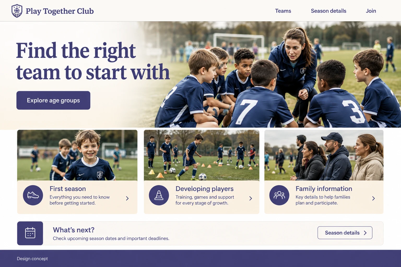 Youth Sports Club website concept: Find the right team to start with; call to action: Explore age groups